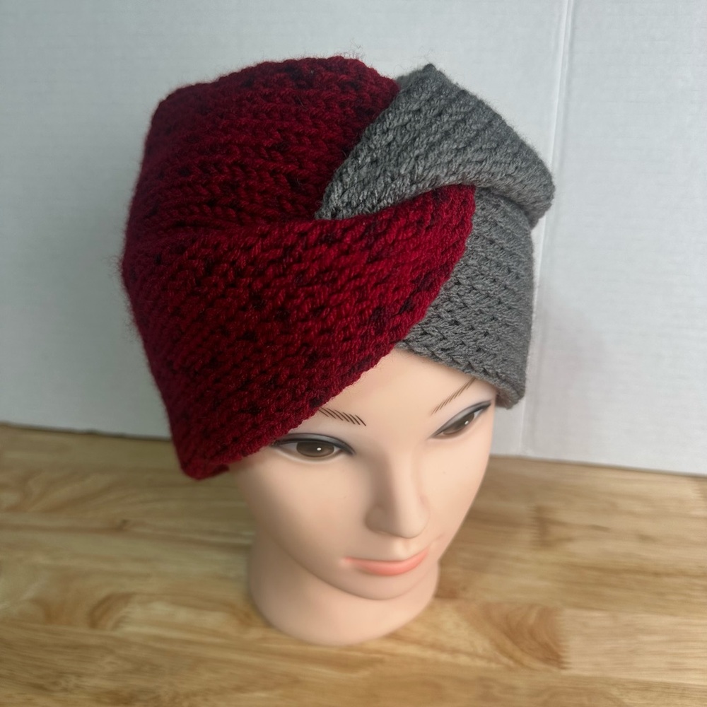 Handmade Red Tweed & Gray Striped Knitted Earwarmer
